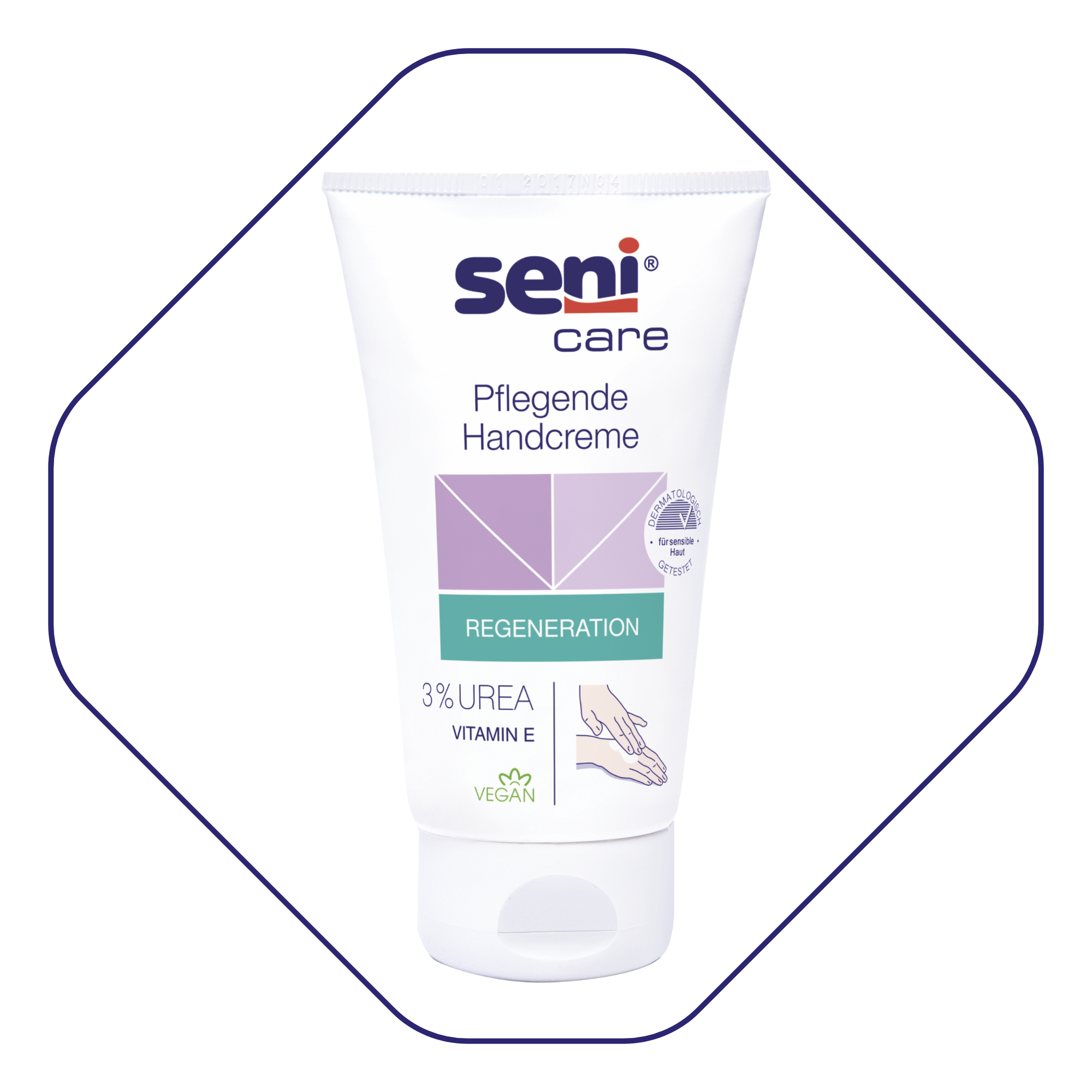 Seni Care pflegende Handcreme 3% Urea – Vorderansicht mit Verpackung