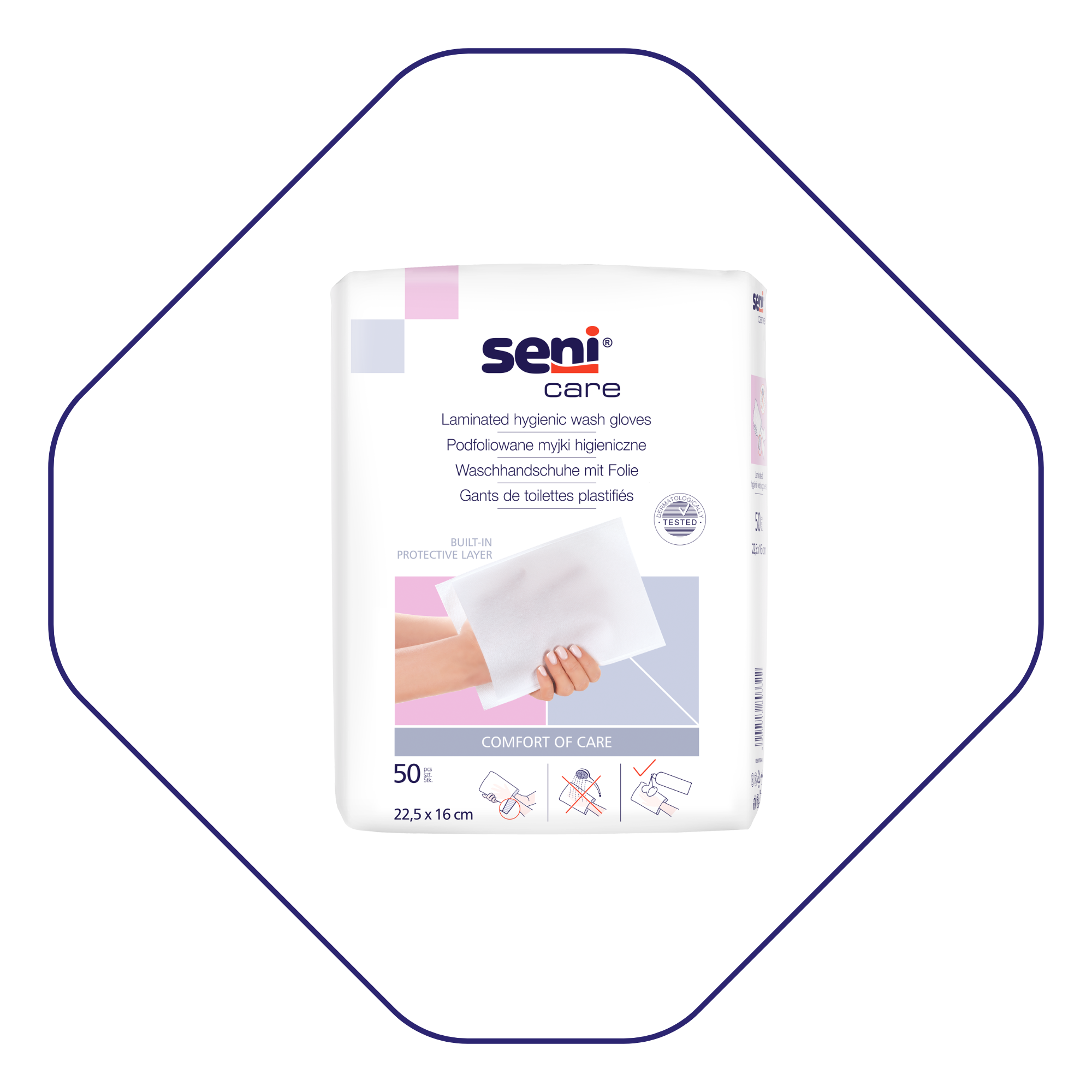 Seni Care Waschhandschuhe mit Folie – Vorderseite