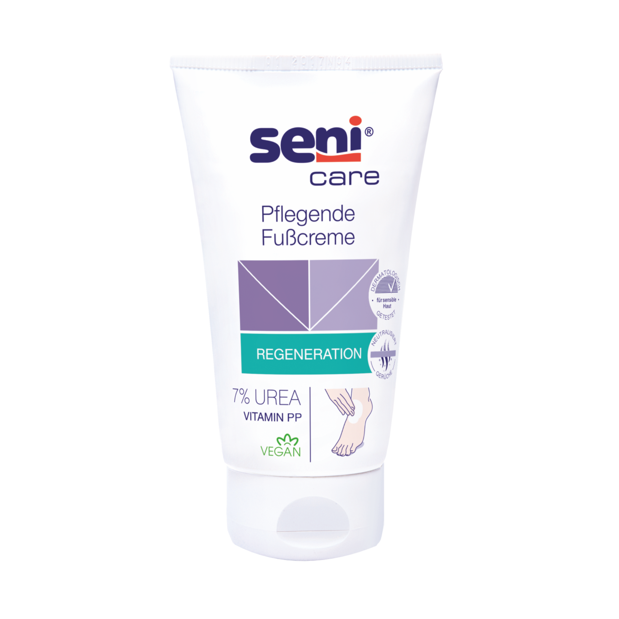 Seni Care pflegende Fußcreme 7% Urea – Vorderansicht Tube ohne Rahmen