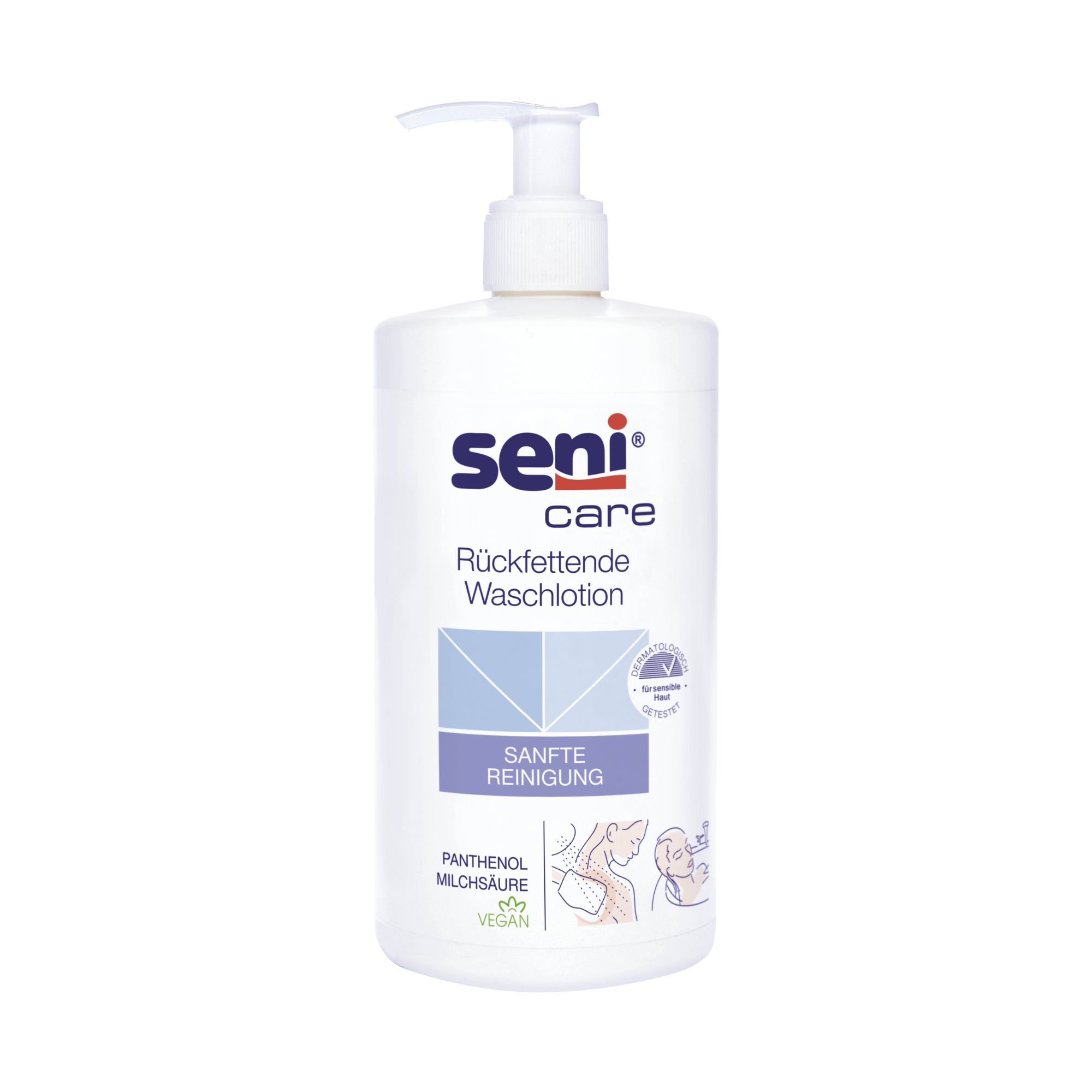Seni Care rückfettende Waschlotion 500 ml – Frontansicht mit Pumpspender
