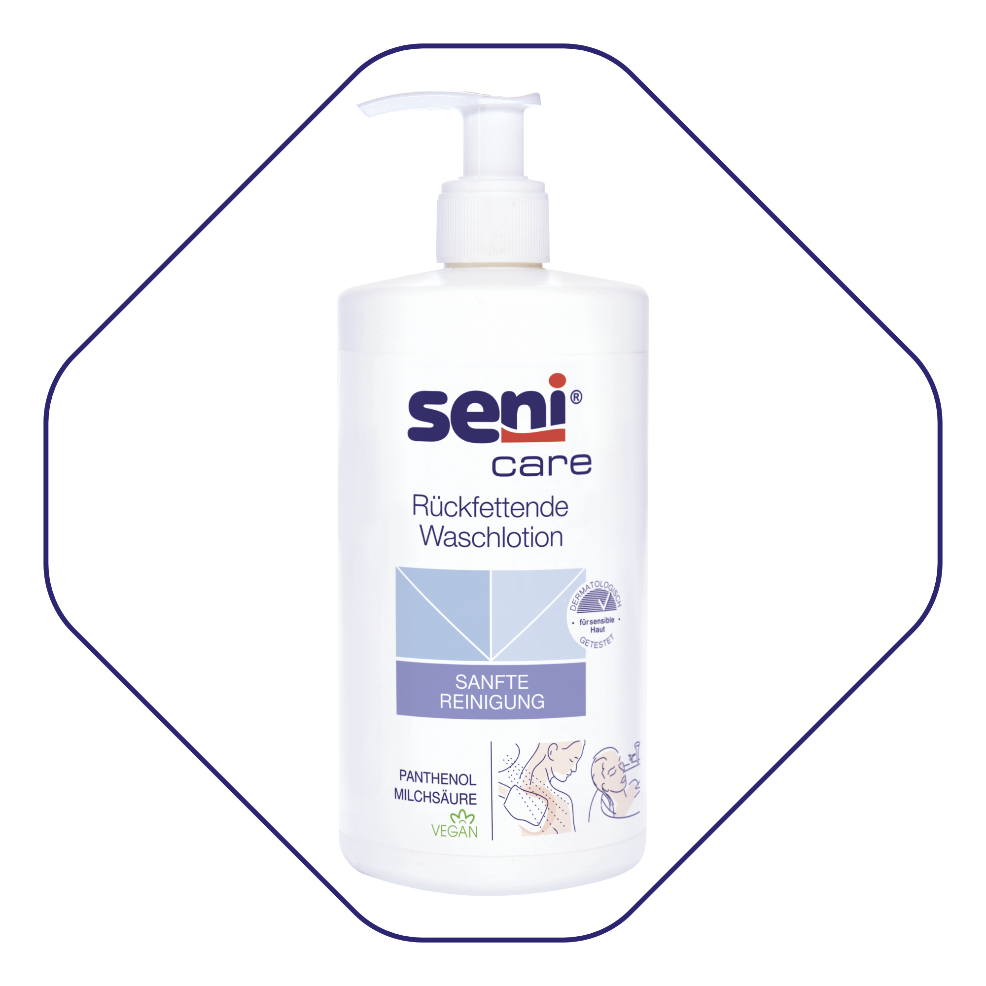 Seni Care rückfettende Waschlotion 500 ml – Detailansicht Verpackung mit Rahmen